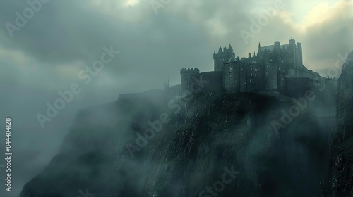 An ethereal and dreamy shot of a magnificent castle perched atop a rocky cliff, shrouded in a thick mist that creates an otherworldly and mystical atmosphere