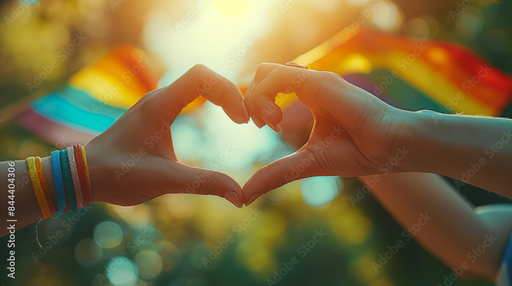 Gay pride month concept. Hand msking a heart sign with gay pride LGBT rainbow wristband. Close up of a gay couple holding hands isolated on white backgrounds. Gennerative AI Illustrations. Gay pride month concept. Hand msking a heart sign with gay pride LGBT rainbow wristband. Close up of a gay couple holding hands isolated on white backgrounds. Gennerative AI Illustrations.