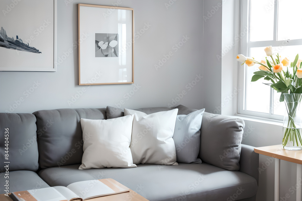 Naklejka premium The cozy living room corner features a gray sofa, white cushions, a side table with yellow tulips, an open book, and framed artwork on the wall.