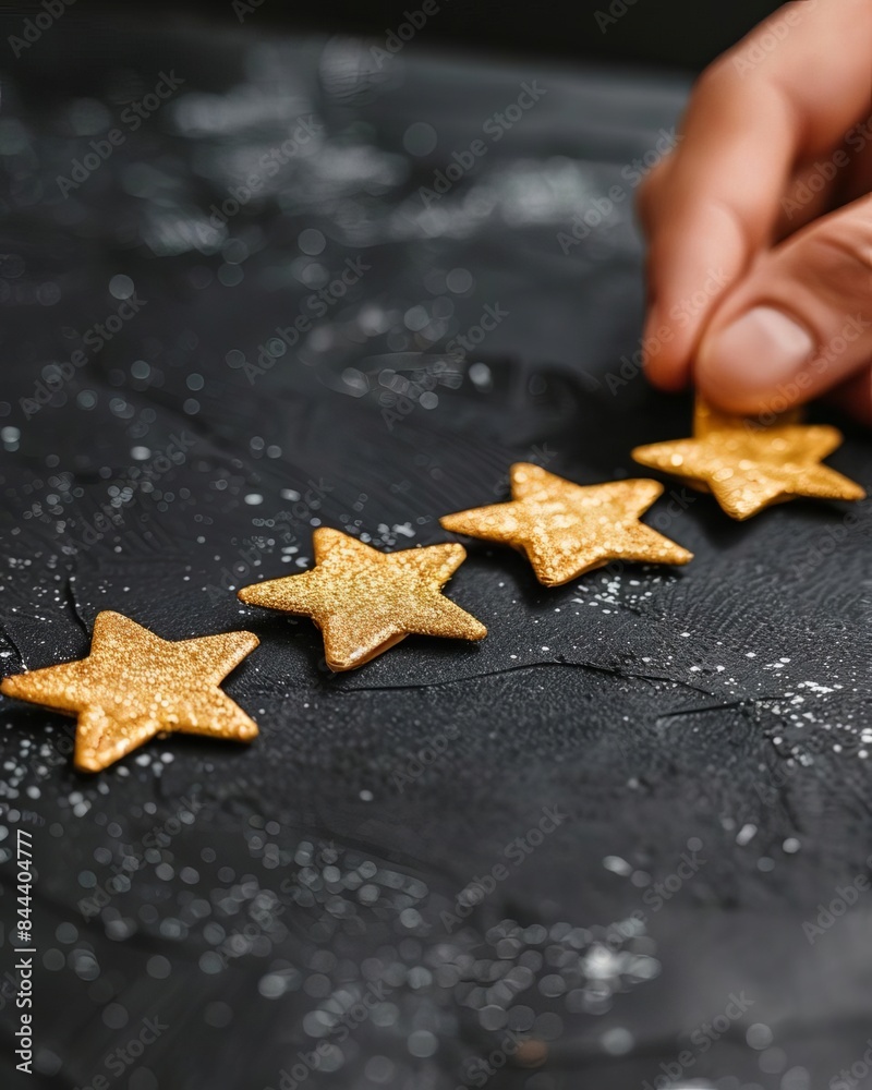 Close-up of a hand holding four golden stars. Close-up of a hand holding four golden stars.