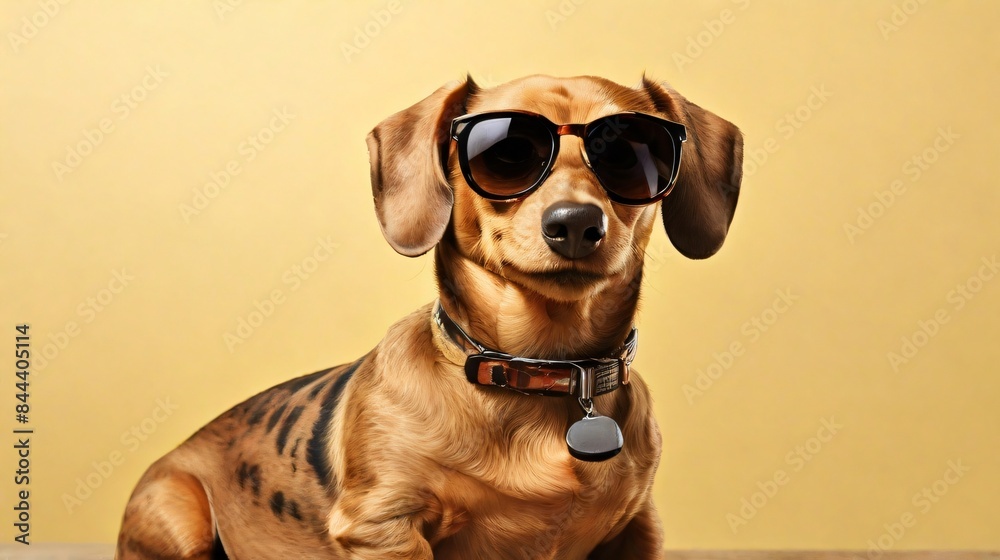 closeup of happy cute Dachshunds dog wearing sunglasses closeup of happy cute Dachshunds dog wearing sunglasses