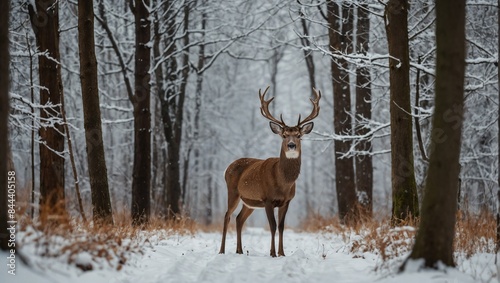 deer standing on a forest path in winter close-up