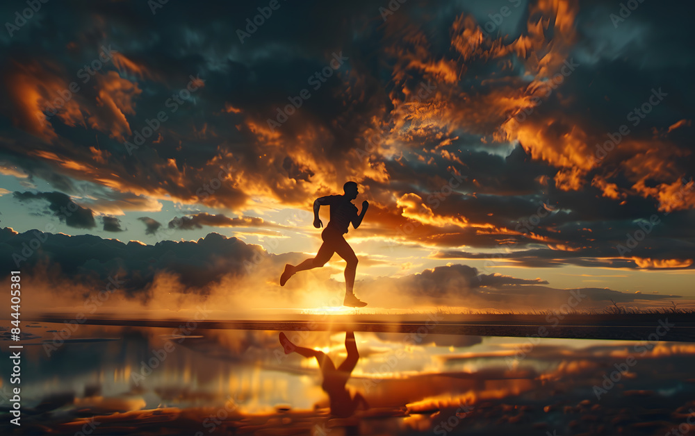 Silhouetted figure amidst forest, sunset, and fire, blending with nature's