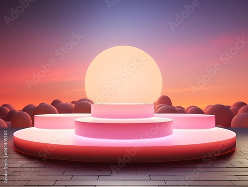 Beautiful minimal podium with glowing light and sunset sky, perfect for product display and showcasing elegance in a modern design setting.