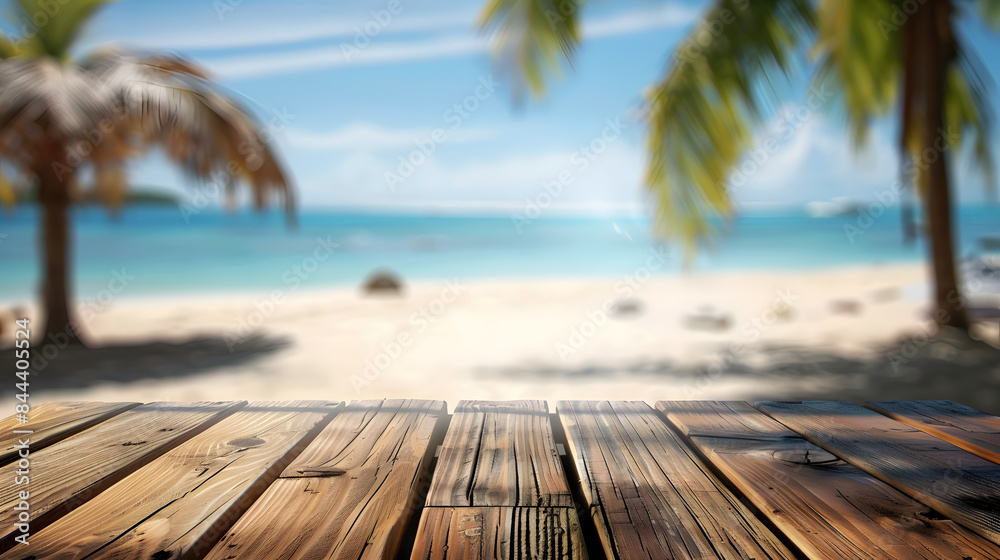 Fototapeta premium The wooden table top with blurred background of tropical beach and palm tree on summer vacation 