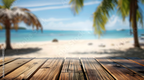 The wooden table top with blurred background of tropical beach and palm tree on summer vacation  © Oleksandr