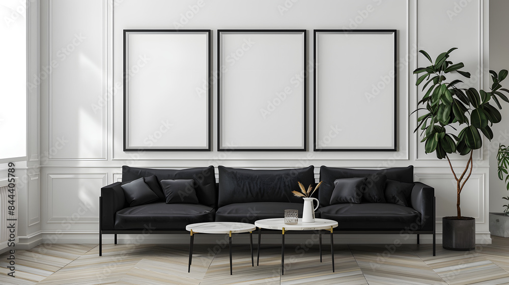 Three blank square frames hanging on the wall above a black couch in the dining room. The frames are placeholders. 