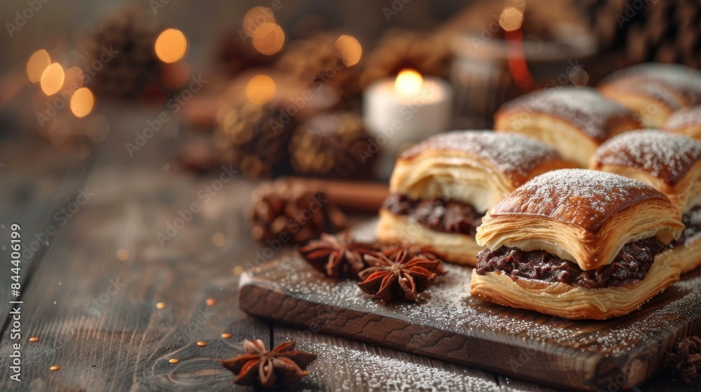 Pain au Chocolat: A tray of chocolate croissants with their signature layers and chocolate filling arranged on a rustic wooden board. Pain au Chocolat: A tray of chocolate croissants with their signature layers and chocolate filling arranged on a rustic wooden board.