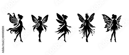Beautiful fairy side view silhouette black filled vector Illustration icon set.