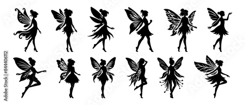 Beautiful fairy side view silhouette black filled vector Illustration icon set.