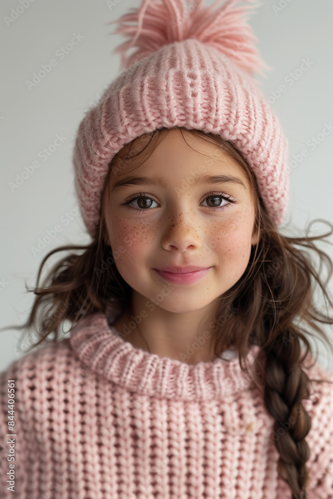 A pretty girl in a warm sweater and hat smiles happily, exuding joy in her winter portrait A pretty girl in a warm sweater and hat smiles happily, exuding joy in her winter portrait
