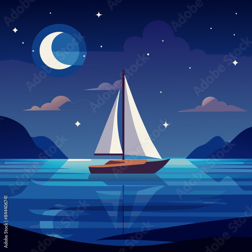 Sail boat in night. Moonlit Sail Boat
