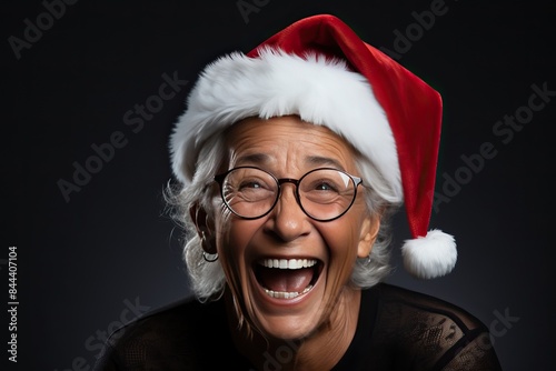 Smiling and happy senior woman in santa hat. photo