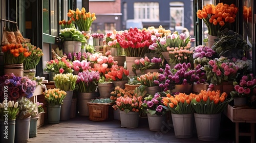 Colorful flowers in pots on the street in Paris, France.