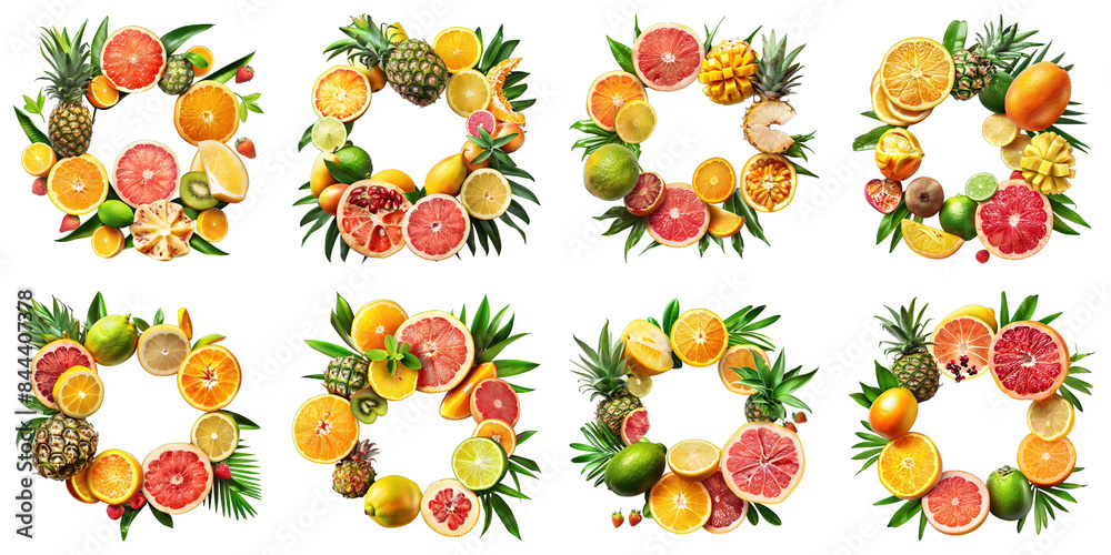 Obraz premium Set of Tropical Fruits Banner Trim isolated on transparent png background. Generative ai