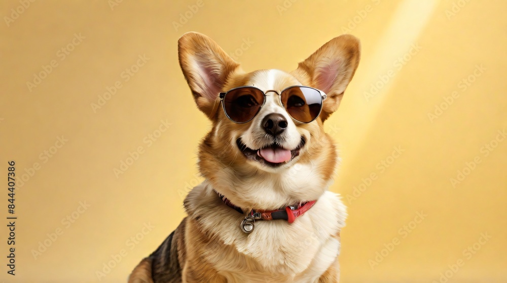 closeup of happy cute Pembroke Welsh Corgis dog wearing sunglasses closeup of happy cute Pembroke Welsh Corgis dog wearing sunglasses