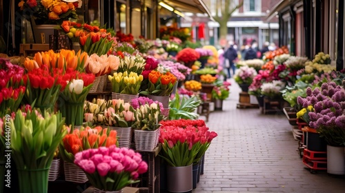 Panoramic view of a flower market in Amsterdam, Holland.