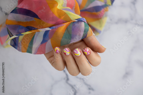Stylish colorful summer female nails. Modern trendy stylish Beautiful manicure. Cute pastel nail minimalistic design concept of beauty treatment. Gel nails. Skin care. Beautician photo