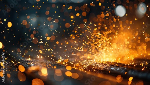 Close-up of metal sparks flying in industrial setting, showcasing energy, craftsmanship, and industrial processes with vibrant lighting.