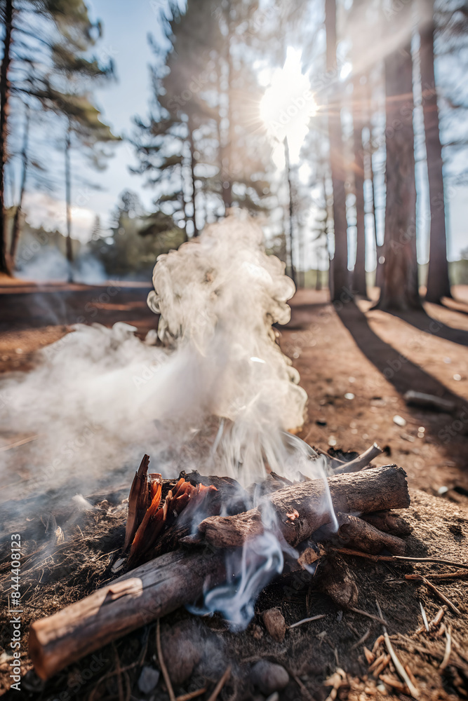 the ethereal smoke rising from a campfire in a forest clearing the ethereal smoke rising from a campfire in a forest clearing