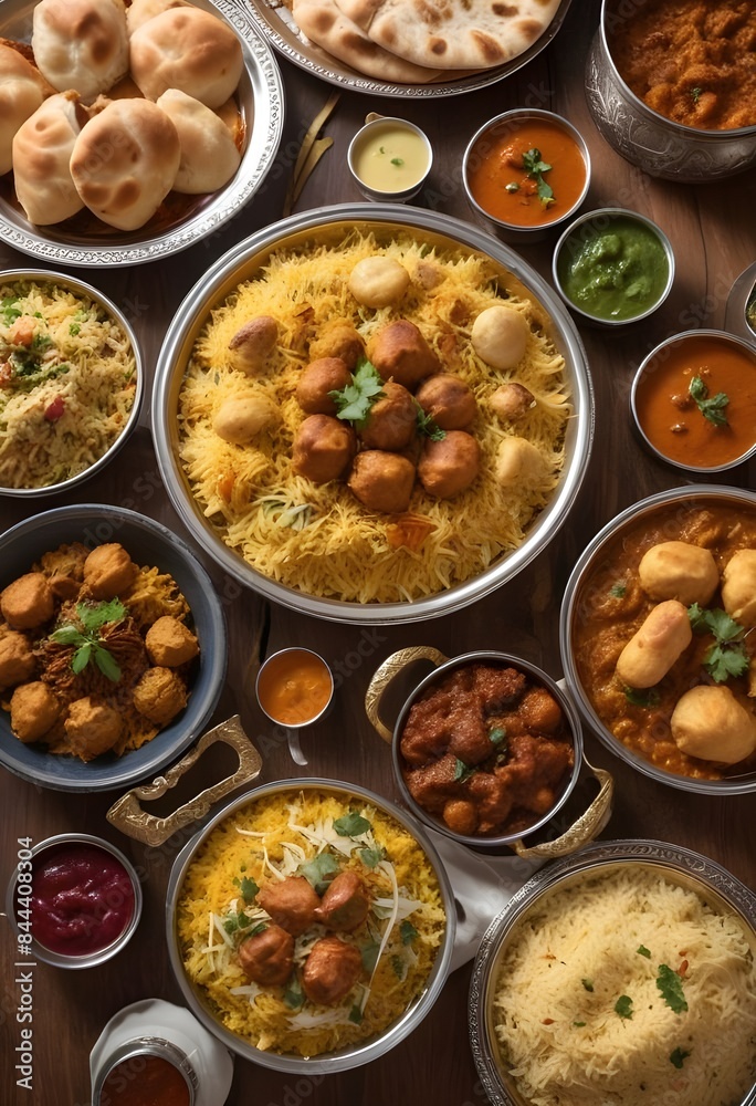 A variety of traditional Indian dishes including biryani served on a table A variety of traditional Indian dishes including biryani served on a table