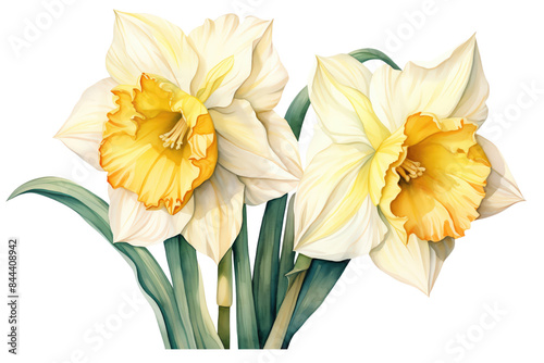 Bright and vibrant yellow daffodil flowers in full bloom with green leaves, perfect for springtime and nature-themed projects.