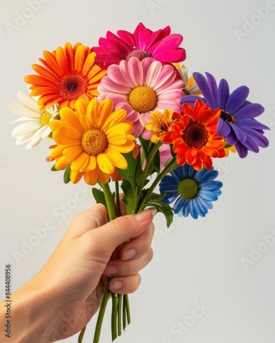 Hand Holding a Bouquet of Colorful Flowers. Generative ai