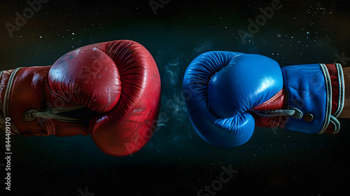 two boxing gloves fighting each other on black background. one blue and the another red  © Oleksandr