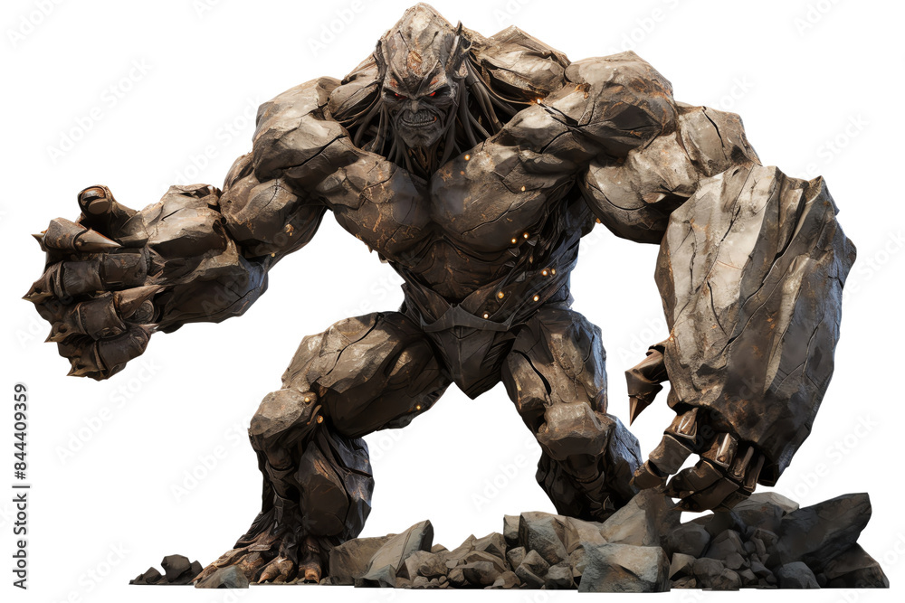 A powerful, mythical stone golem poses ready for battle, exuding strength and dominance, amidst jagged rocks and debris. A powerful, mythical stone golem poses ready for battle, exuding strength and dominance, amidst jagged rocks and debris.