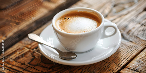  a cup of coffee on a saucer, with a spoon in it, and a napkin underneath the saucer.