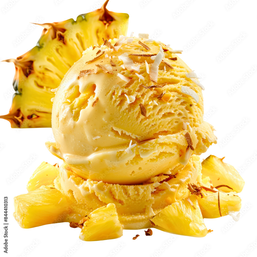 Tropical Indulgence - Close-up of Coconut Pineapple Ice Cream on White Background Tropical Indulgence - Close-up of Coconut Pineapple Ice Cream on White Background