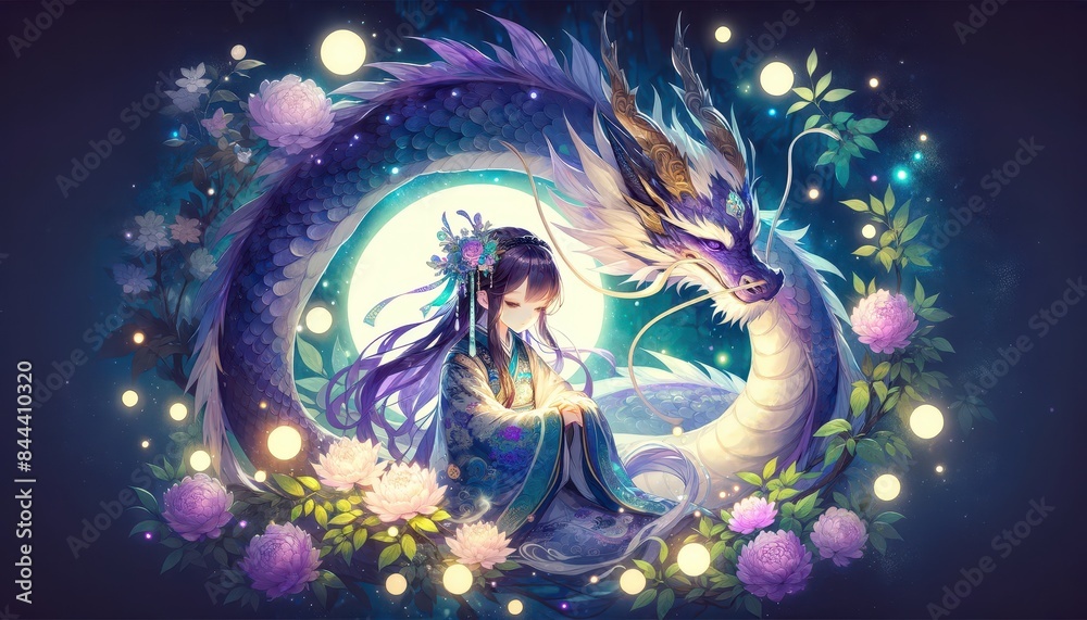 Magical fantasy artwork of a girl and a dragon surrounded by flowers and glowing orbs, creating an enchanting and mystical atmosphere. Magical fantasy artwork of a girl and a dragon surrounded by flowers and glowing orbs, creating an enchanting and mystical atmosphere.