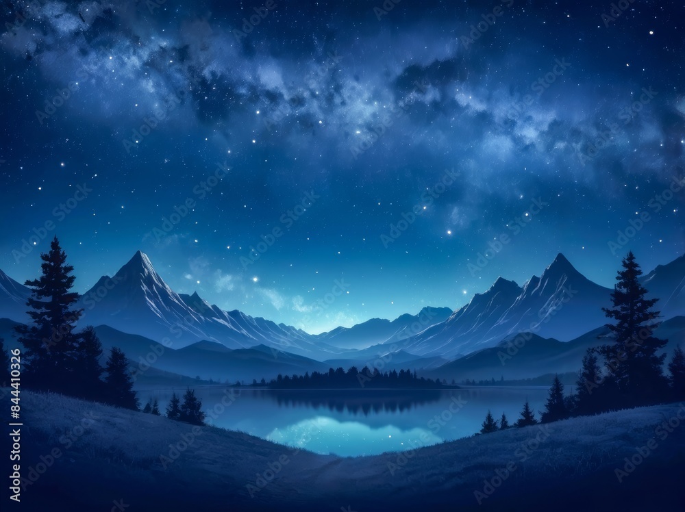 Majestic night sky with countless stars over a tranquil lake and towering mountains, capturing the beauty of the cosmos. Celestial Landscape