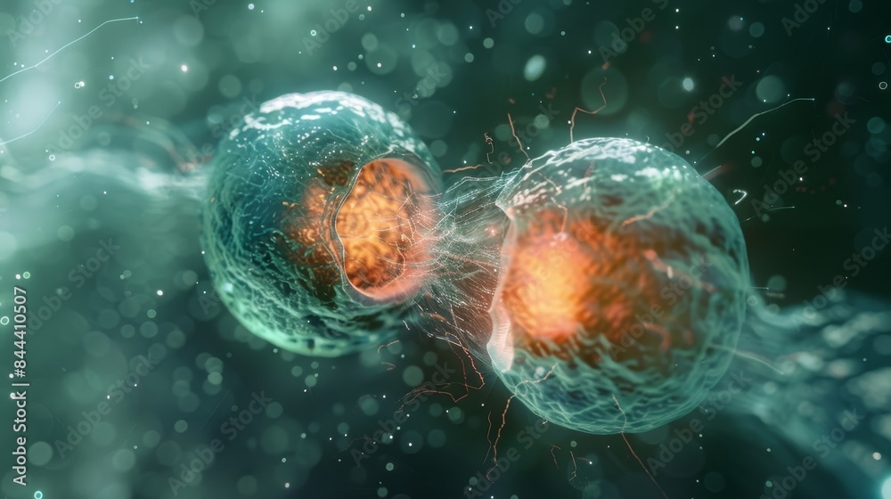 Obraz premium A side view of two cells undergoing cytokinesis highlighting the formation of the furrow and nuclear division