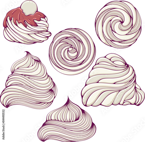 Set of whipped cream, soft ice cream or meringue swirl. Marshmallow or frozen yogurt for dessert, cupcake. Decorative spiral. Vector illustration of dessert in cartoon flat style isolated on white.