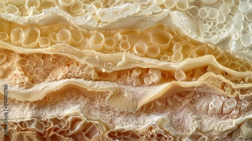 A magnified view of stratified squamous epithelium showing layers of flattened and rounded cells photo