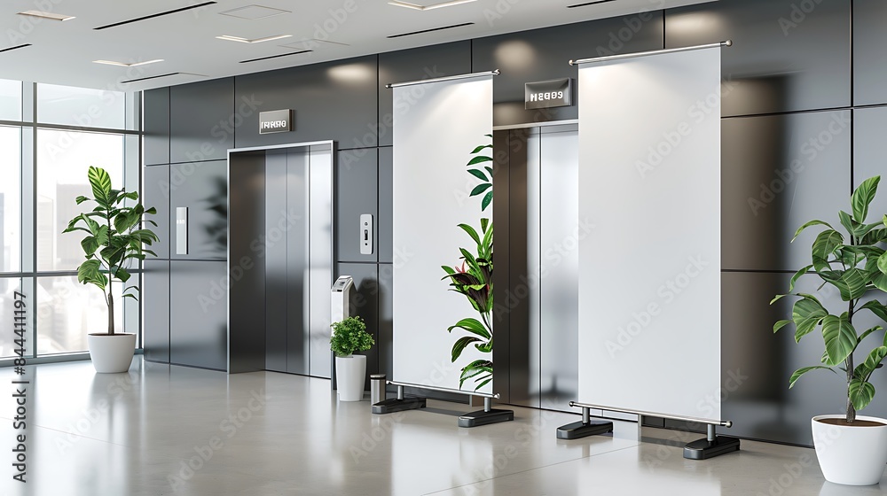 Elevator banks in a corporate office flanked by compact twin blank roll-up banners. Elevator banks in a corporate office flanked by compact twin blank roll-up banners.
