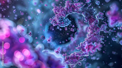 A closeup image of a proteasome core complex with ubiquitin molecules arranged in a ringlike structure around the entrance of the degradation chamber