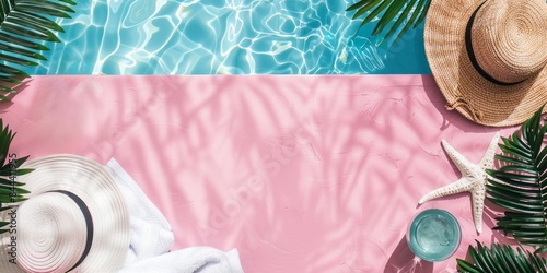 Top view of set of beach accessories in water on pastel pink background, closeup.