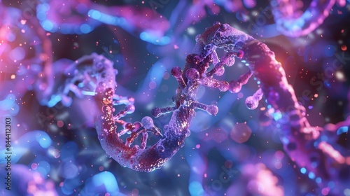 A microscopic view of small interfering RNA molecules binding to mRNA demonstrating the epigenetic mechanism of RNA interference in gene silencing photo