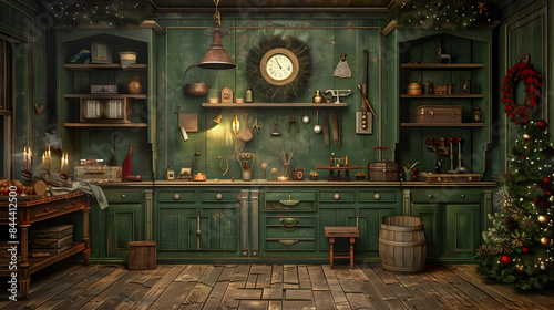 victorian christmas toy workshop with shelves and tools. green walls. dark wood floors  photo