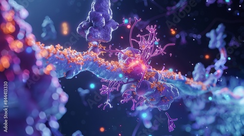 Microscopic view of dopamine receptor agonists and antagonists interacting with their respective binding sites highlighting their effects on receptor activity photo