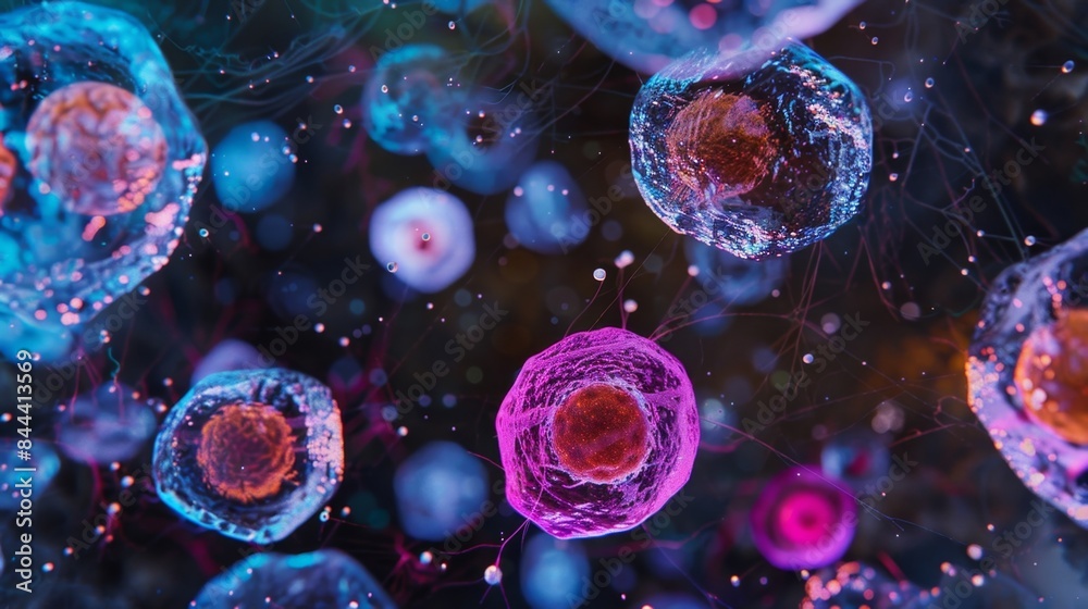 A series of microscopic images displaying the differentiation of a hematopoietic stem cell into a granulocyte with visible changes in granule formation and morphology A series of microscopic images displaying the differentiation of a hematopoietic stem cell into a granulocyte with visible changes in granule formation and morphology