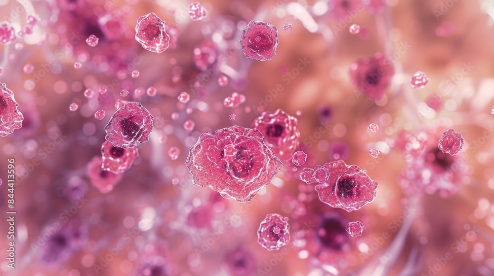 A microscopic view of a colony of megakaryocytes derived from the differentiation of hematopoietic stem cells with distinct nuclei and visible platelets A microscopic view of a colony of megakaryocytes derived from the differentiation of hematopoietic stem cells with distinct nuclei and visible platelets
