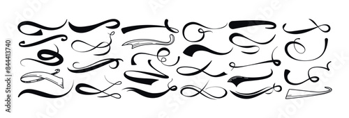 Sports swash tails, baseball swoosh in retro style. Underline wave line, black calligraphic swirl for football or athletics. Hand drawn curly swishes typographic set. Logo typography vector elements.