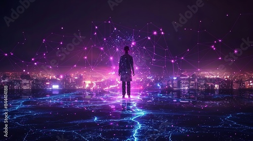 A single silhouette of a person stands in the middle of a futuristic city  surrounded by glowing lights and purple hues