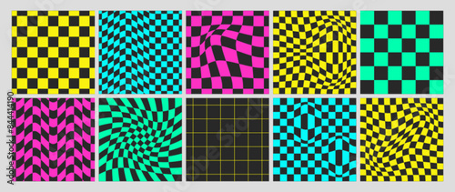 Acid psychedelic checkerboard with warped grid tile, wavy lines. Trippy checkered wallpaper or groovy distortion backgrounds. Twisted seamless pattern in trendy y2k style. Square distorted chessboards