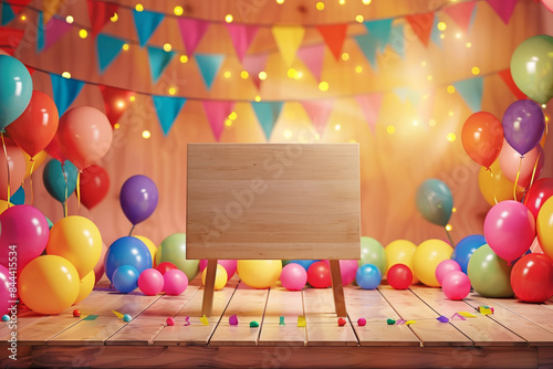 A colorful birthday party backdrop with balloons and decorative flags and wooden board frame