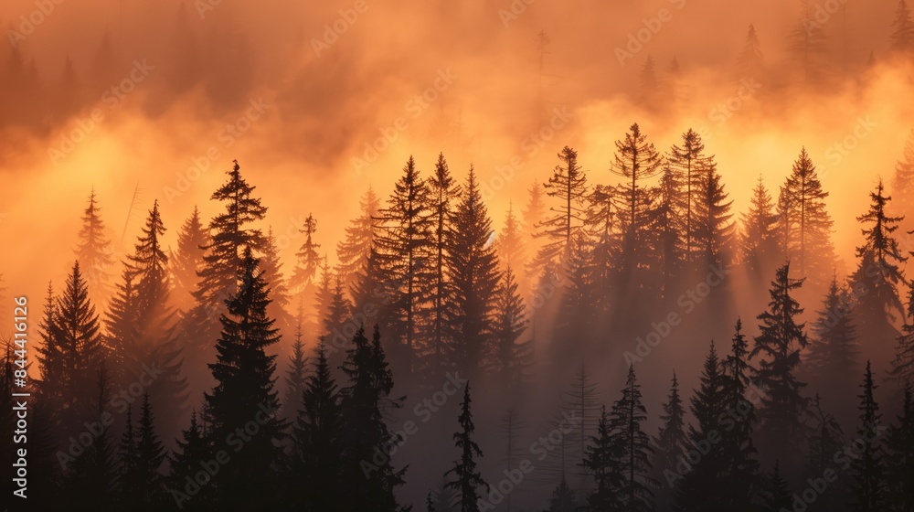 Tall pine trees stand silhouetted in the fog at dawn, creating an ethereal and hauntingly beautiful scene. Tall pine trees stand silhouetted in the fog at dawn, creating an ethereal and hauntingly beautiful scene.