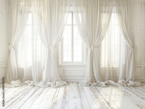 White sheer curtains hanging room photography backdrop sunlight in window wood floor.